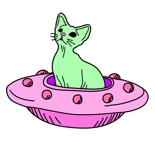 Green Alien Cat in a Pink Flying Saucer Sticker